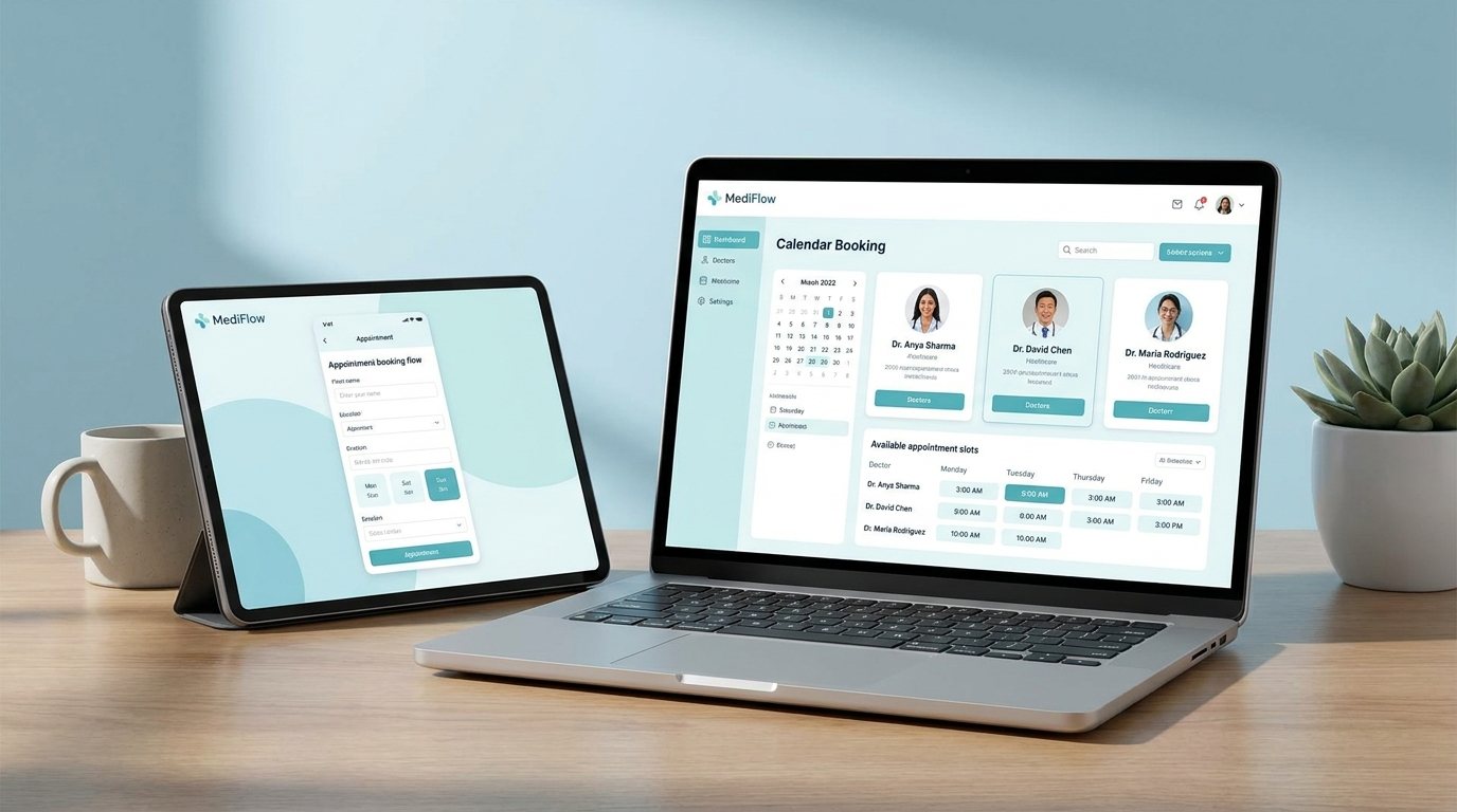 MediFlow healthcare appointment platform design shown on a laptop and tablet