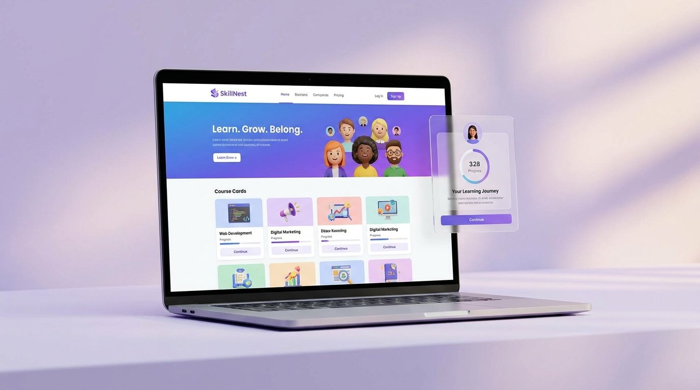SkillNest learning platform website design shown on a laptop