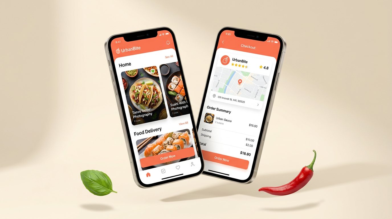 UrbanBite food delivery app design shown on two phones